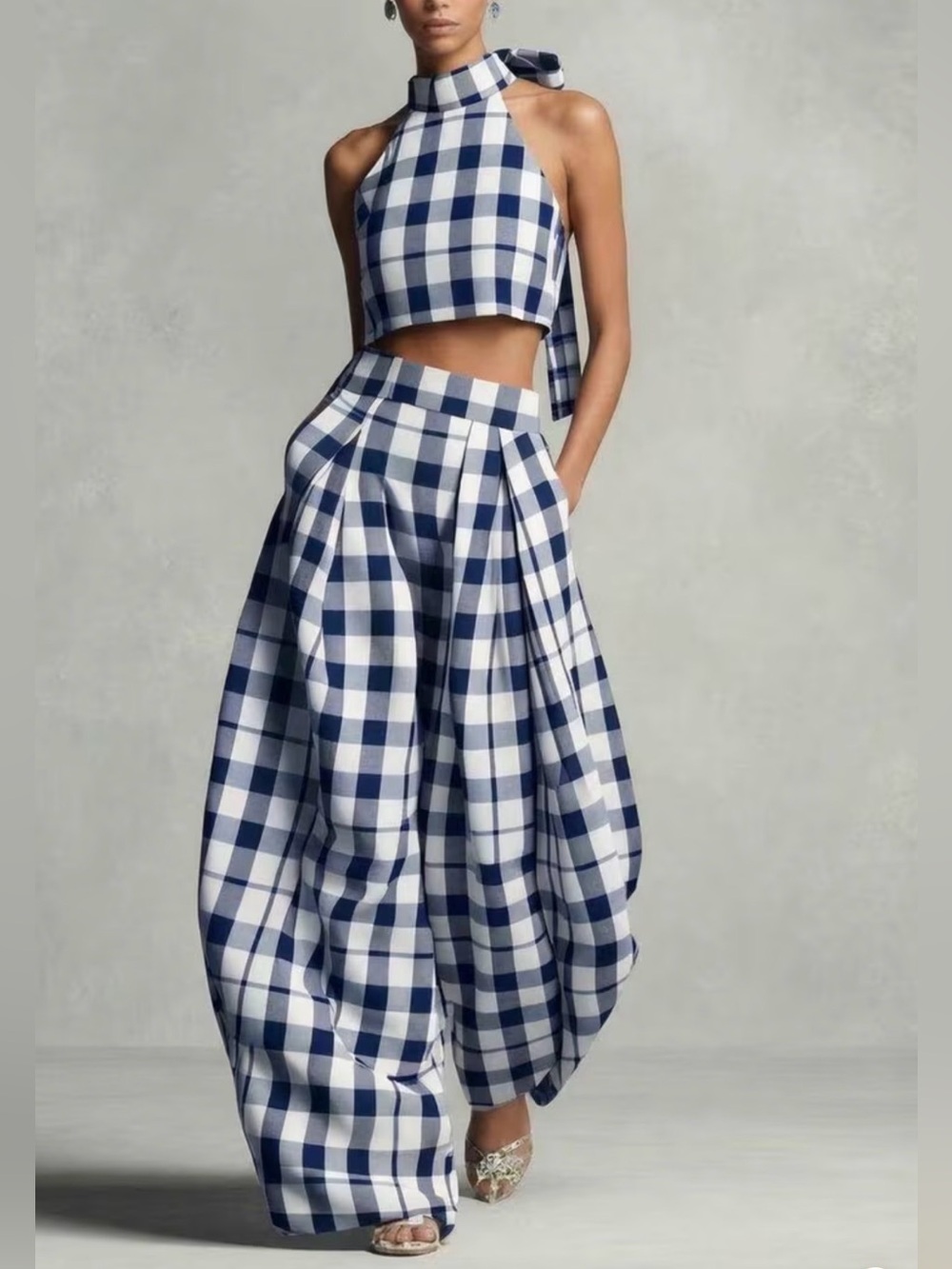 2 pc Blue and White Gingham High-Waist Pants and Halter Top LAST ONE